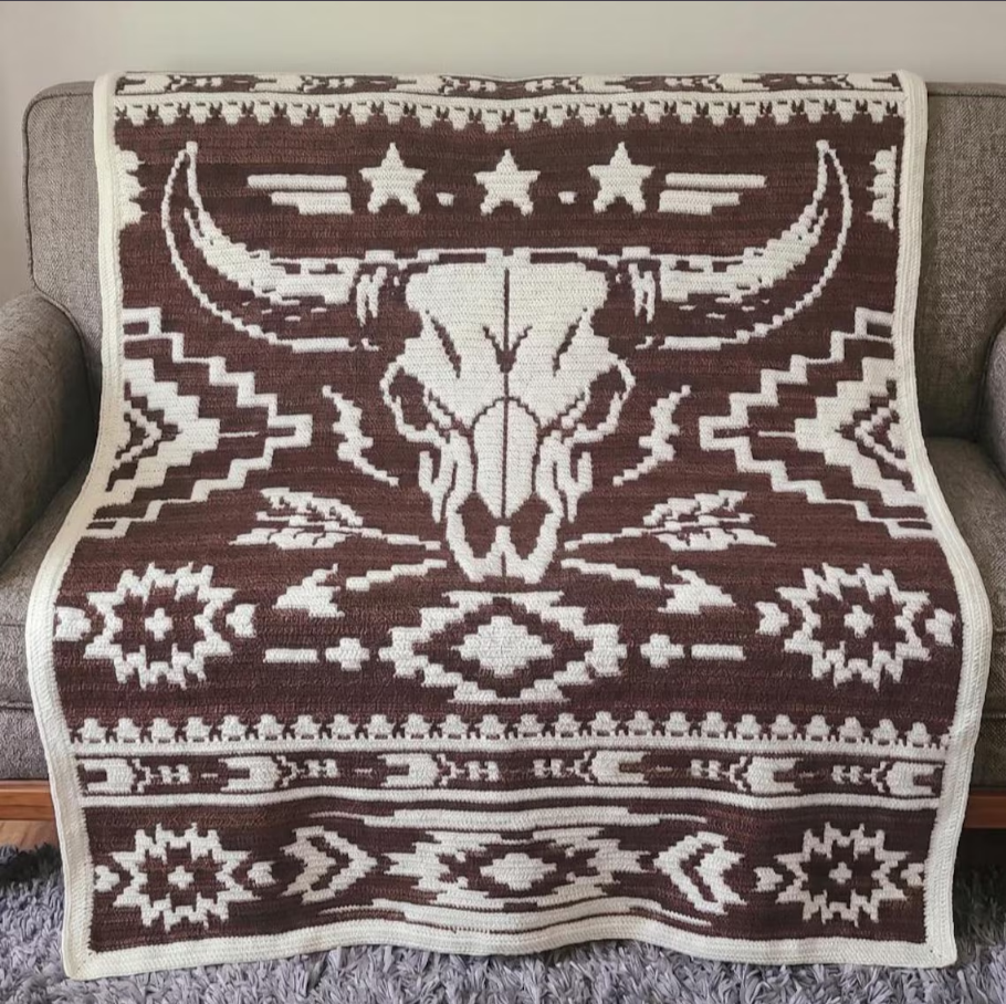 Western Bull Skull Crochet Blanket on couch Western Bull Skull Crochet Blanket