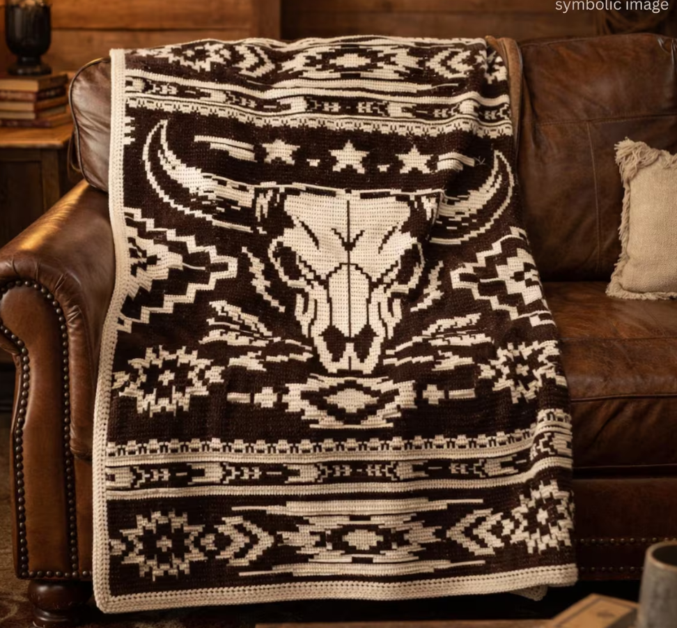 Western Bull Skull Crochet Blanket couch Western Bull Skull Crochet Blanket