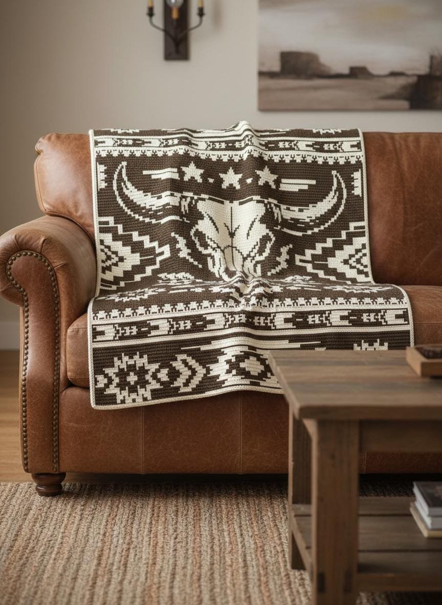Western Bull Skull Crochet Blanket 2 Western Bull Skull Crochet Blanket Draped on Leather Couch