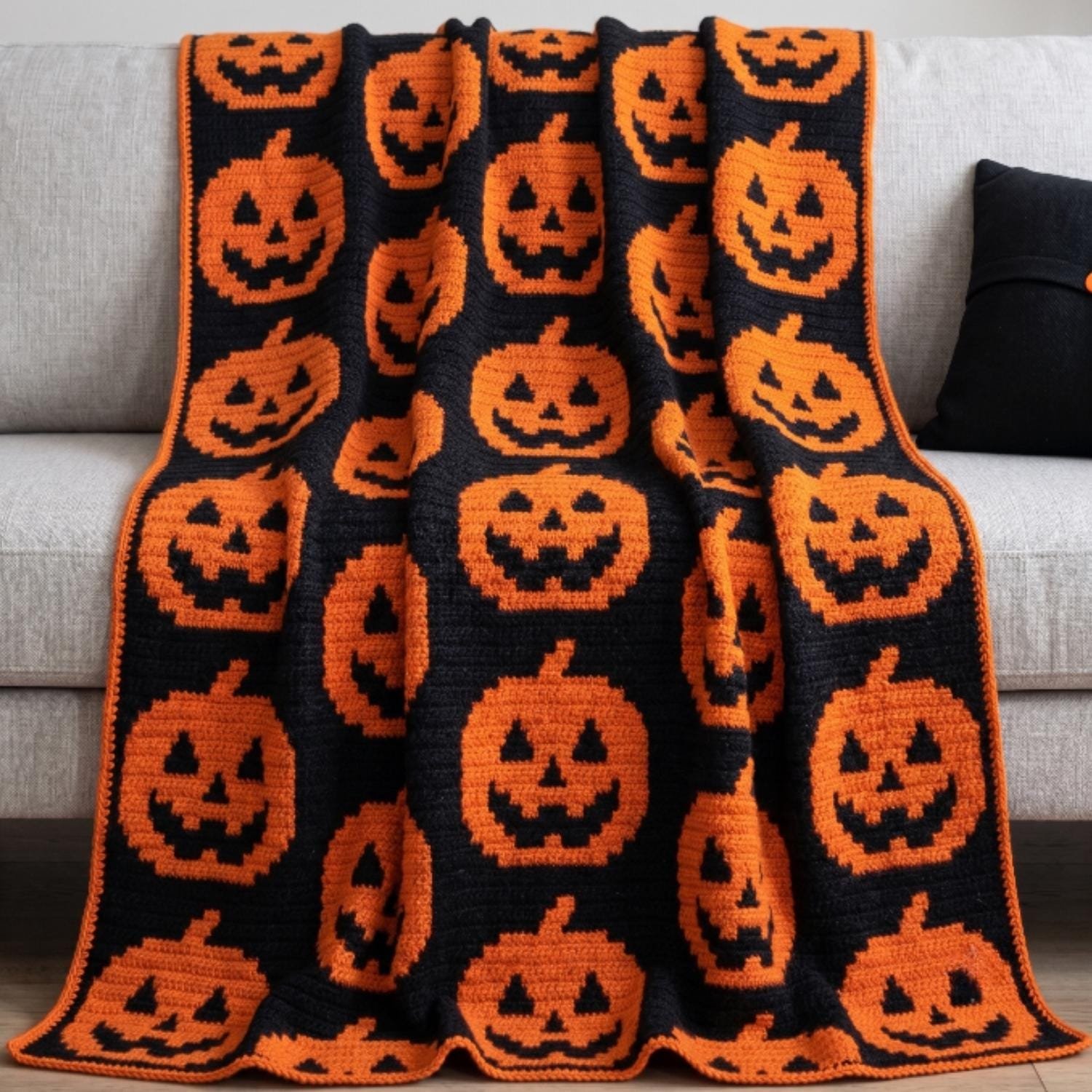 pumpkinblanket2 jack o lantern overlay mosaic crochet blanket