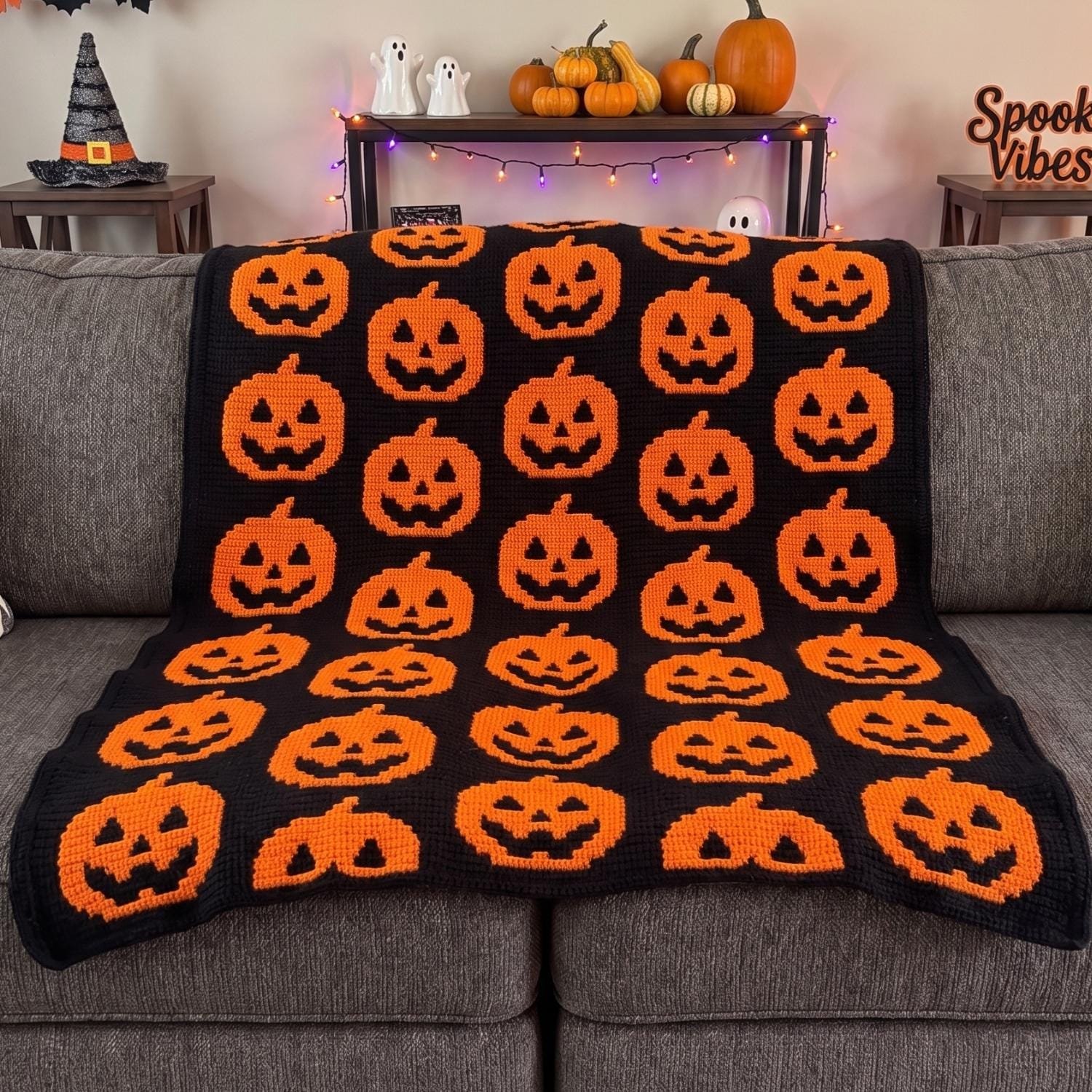 pumpkinblanket1 jack o lantern overlay mosaic crochet blanket